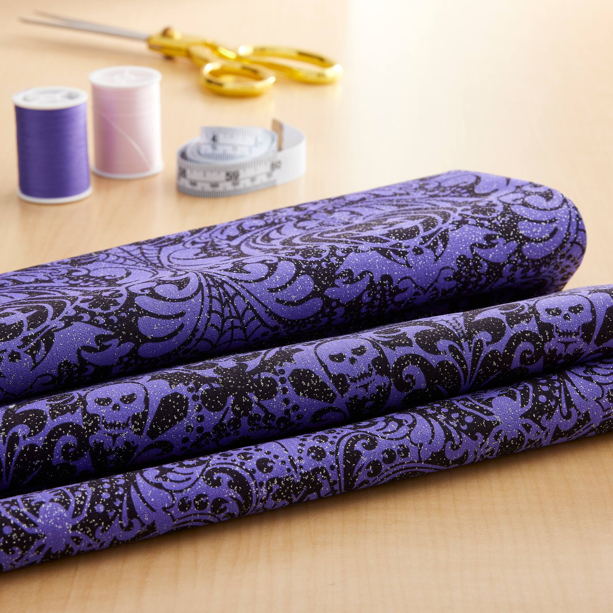 Fabric Traditions Halloween Purple Glitter Gothic Scroll Home Décor Fabric